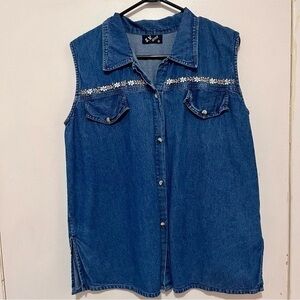 90 Vintage denim tank top sleveless button jeans collar shirt women flower large